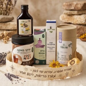 מארז מתנה בריאות רוגע ומזור — חליטת צמחים, שוקו מאקה, ברא רוגע, קרם ארניקה ויין תבלינים