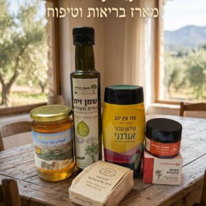 מארז מתנה מן הזית התמר והדבש — שמן זית משק מדליה, סילאן, דבש, משחת קלנדולה וסבון טבעי