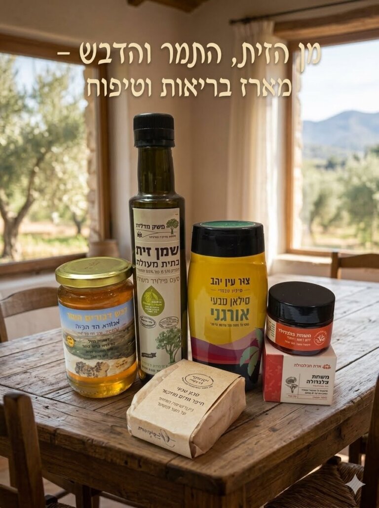 מארז מתנה מן הזית התמר והדבש — שמן זית משק מדליה, סילאן, דבש, משחת קלנדולה וסבון טבעי