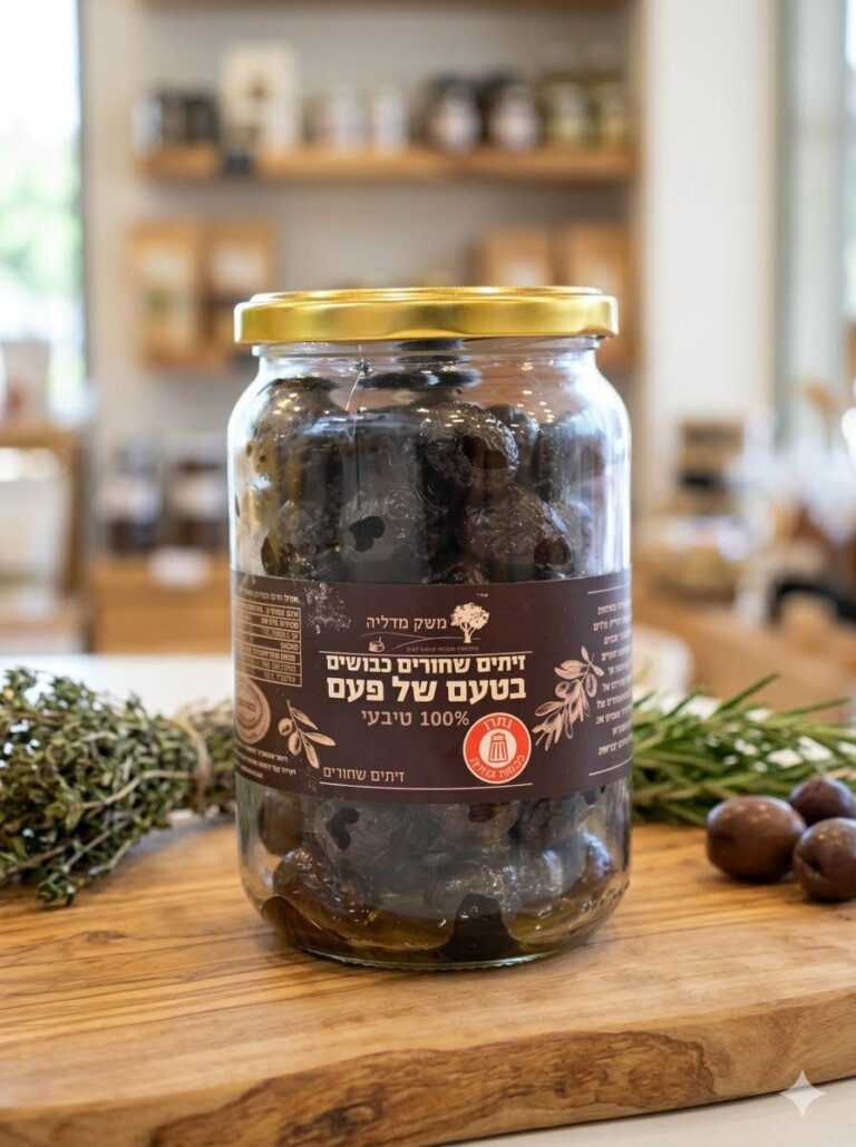 זיתים שחורים שהשחירו על העץ, כבושים בטעם של פעם — משק מדליה