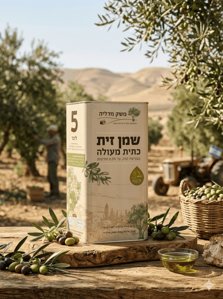 שמן זית - אורגני בלי תעודה - כתית מעולה עשיר בארומה - 5 ליטר משק מדליה - חקלאות עברית ב רמת הנגב
