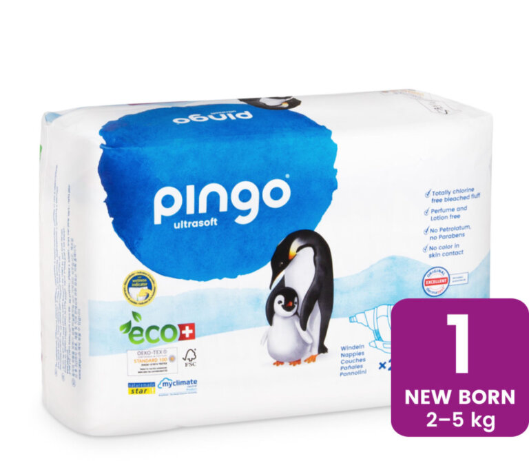 חיתול PINGO 🌿 אקולוגי טבעוני | מידה 1 (2-5 ק"ג) | 27 יח' | ייצור שווייצרי
