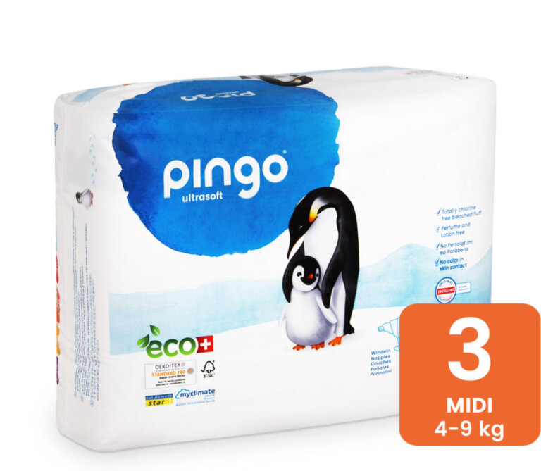חיתול PINGO 🌿 אקולוגי טבעוני | מידה 3 (4–9 ק"ג) | 44 יח' | ייצור שווייצרי