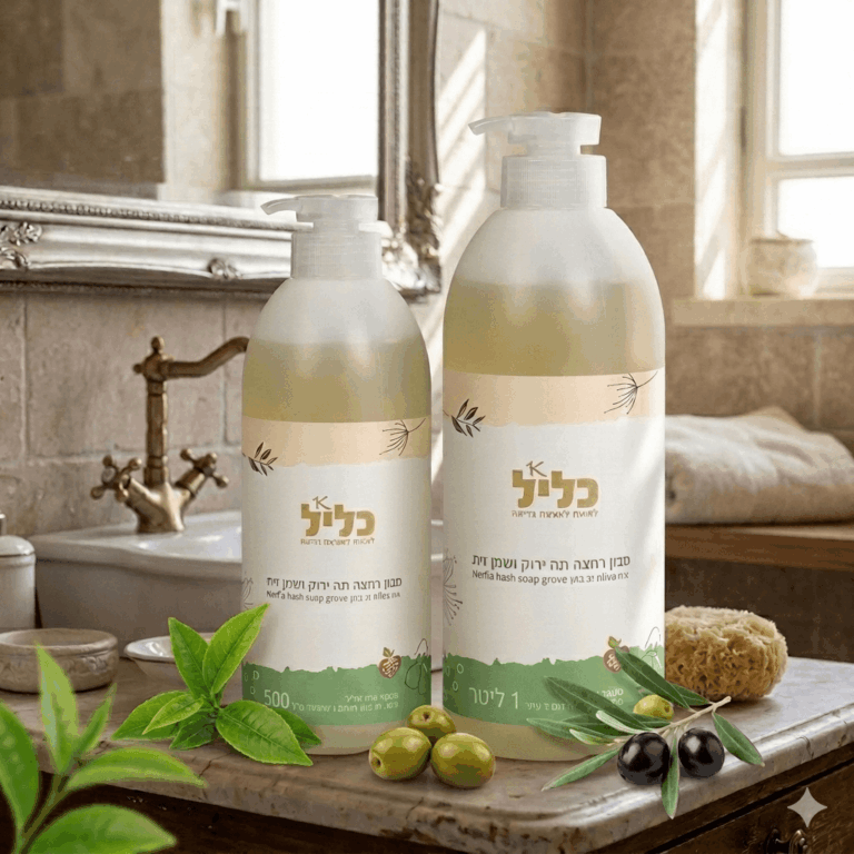 סבון רחצה צמחי תה ירוק ושמן זית ללא SLS, עשיר בלחות 500 מל 1 ליטר עם משאבה כליל – ייצור ישראלי