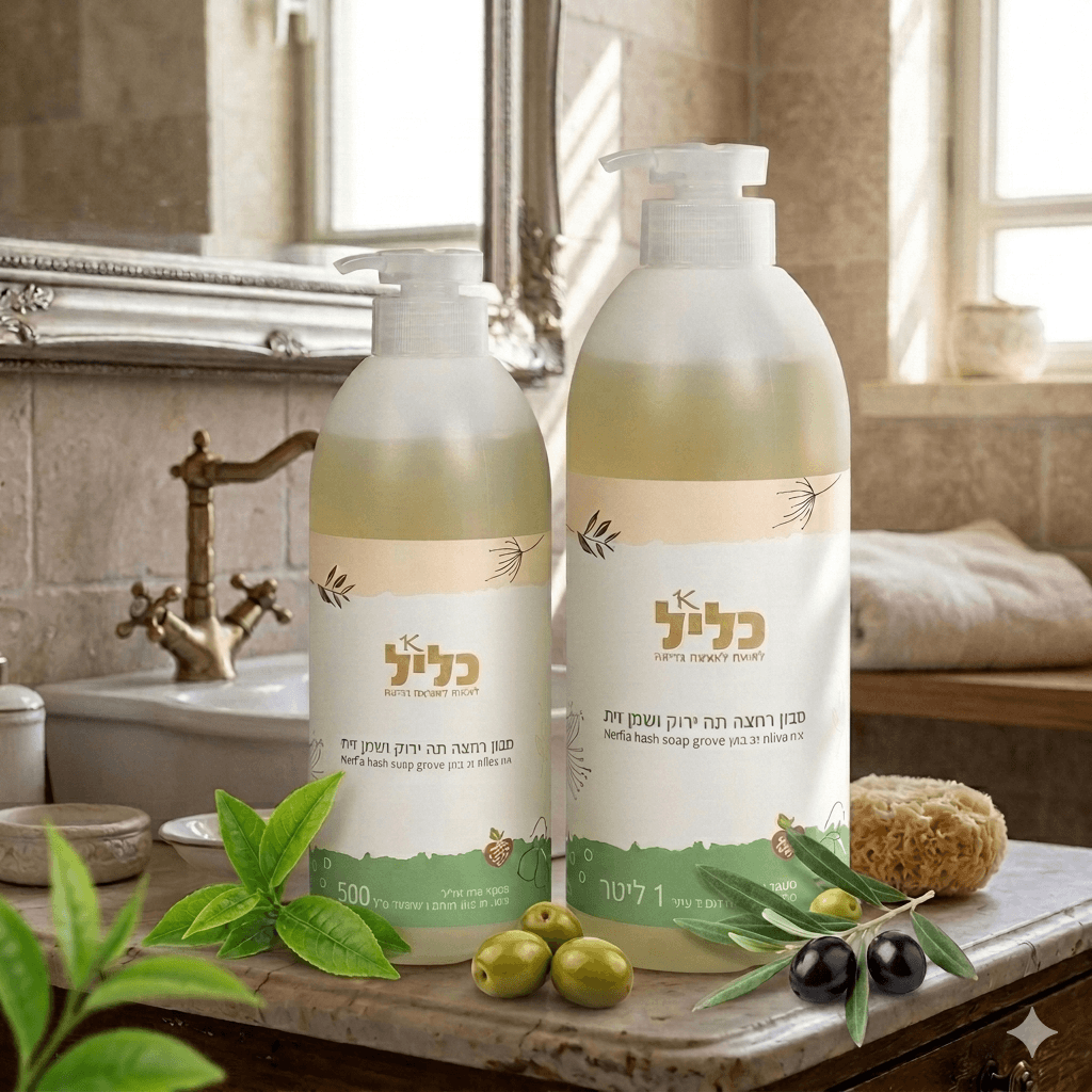 סבון רחצה צמחי תה ירוק ושמן זית ללא SLS, עשיר בלחות 500 מל 1 ליטר עם משאבה כליל – ייצור ישראלי