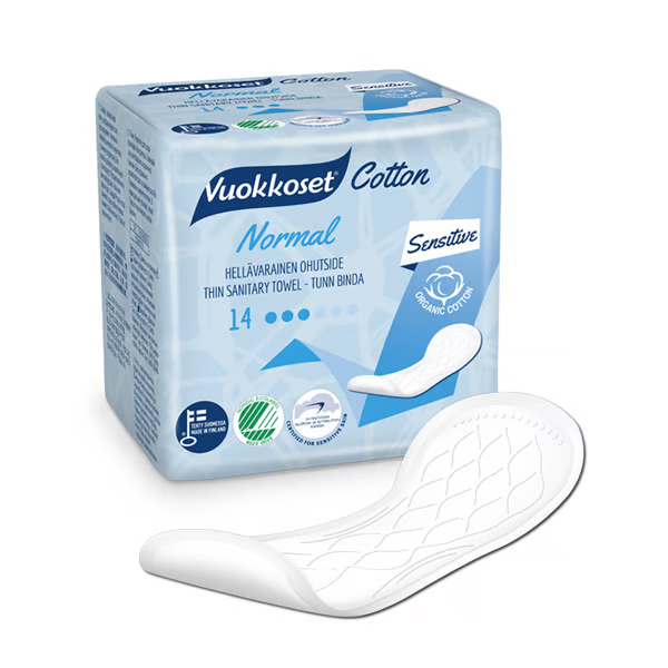 תחבושת היגיינה דקה לספיגה קלה | Vuokkoset Cotton Normal Sensitive | 14 יח' | תוצרת פינלנד