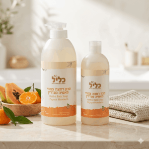 סבון רחצה צמחי בניחוח פפאיה-מנדרין ללא SLS, עשיר בלחות 500 מל 1 ליטר עם משאבה כליל – ייצור ישראלי