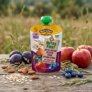 NUTRA FRUIT 🫐 ארוחת פירות תפוח, שזיף ואוכמניות עם שיבולת שועל ושקדים אורגנית ללא גלוטן 100 גרם — בודד שישייה נוטרה זן