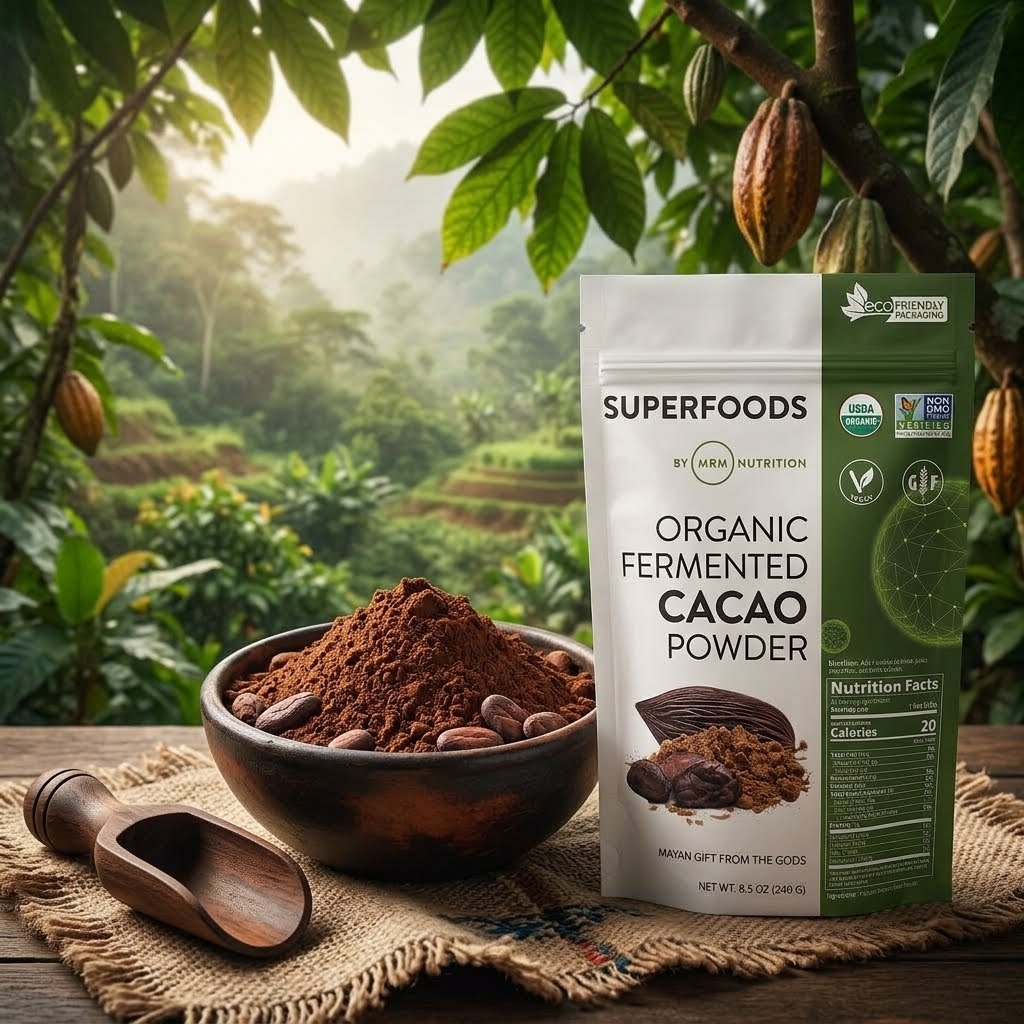 אבקת קקאו אורגנית מותססת 🍫 Organic Fermented Cacao Powder טבעוני, ללא גלוטן וללא סוכר 240 גרם MRM Nutrition