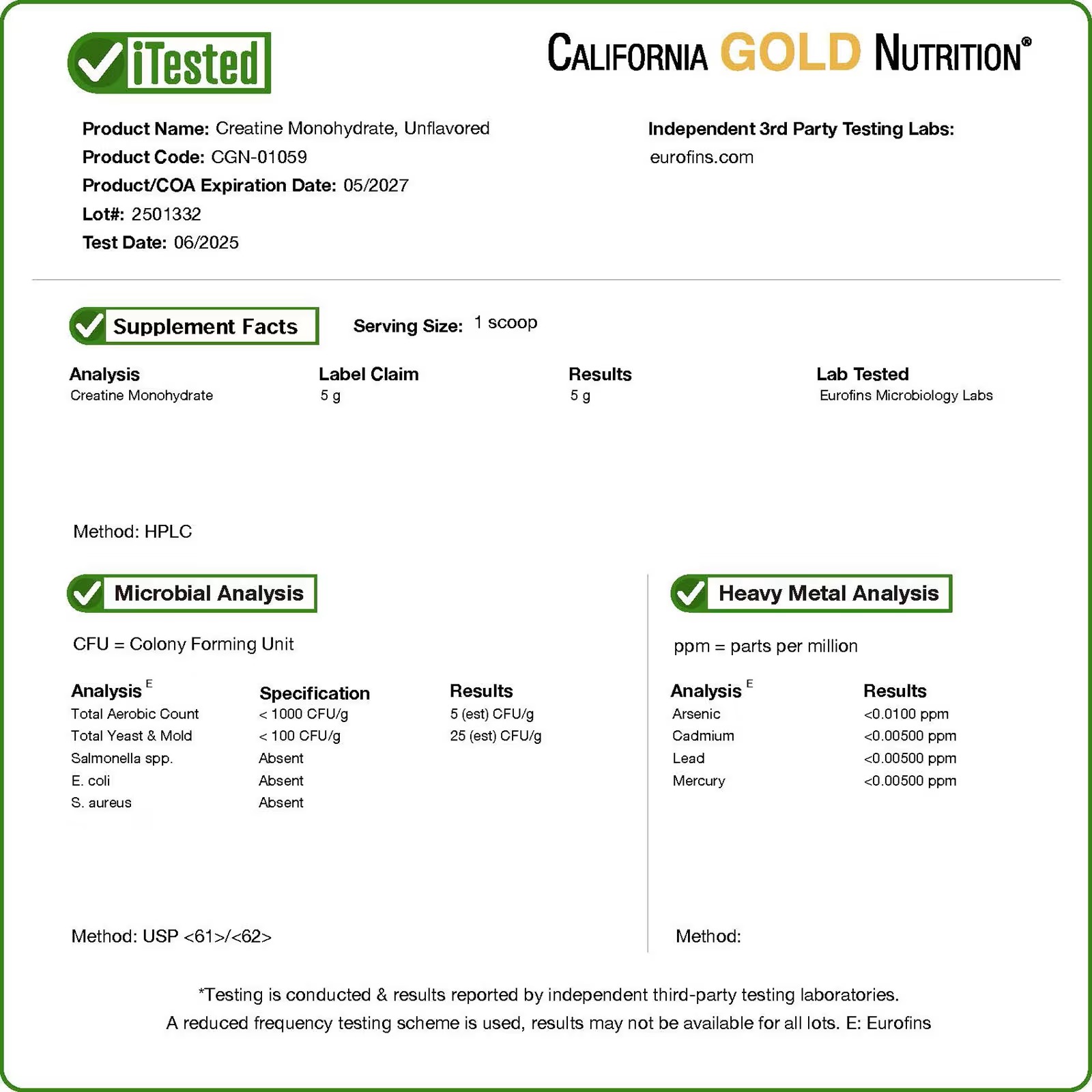 קריאטין מונוהידרט טהור 💪 Creatine Monohydrate אבקה ללא טעם, 5 גרם למנה ללא גלוטן California Gold Nutrition