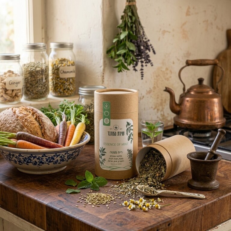 ריח מנטה 🌿 חליטת צמחים אורגנית למערכת העיכול מנטה, רוזמרין, אזוב וזוטה לבנה 50 גרם שירת המדבר